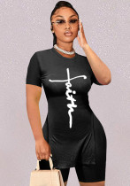 Women Summer Black Casual O-Neck Short Sleeves High Waist Letter Print Regular Two Piece Shorts Set