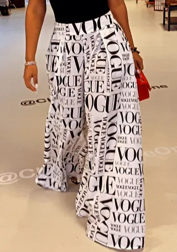 Women Summer Printed Wide Leg Pants High Waist Elastic Waist Letter Print Pockets Full Length Loose Pants