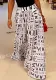 Women Summer Printed Wide Leg Pants High Waist Elastic Waist Letter Print Pockets Full Length Loose Pants