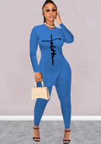 Conjunto de pantalones de dos piezas ajustados rasgados con estampado de letras y cintura alta de manga larga con cuello redondo informal azul primavera para mujer