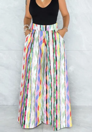 Women Summer Printed Wide Leg Pants High Waist Elastic Waist Letter Print Pockets Full Length Loose Pants