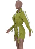 Women Spring Green Casual Turn-down Collar Full Sleeves Patchwork Pockets Above Knee Regular Cargo Playsuit