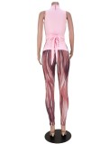 Set di pantaloni a due pezzi regolari stampati a vita alta senza maniche a collo alto da donna rosa primavera