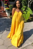Women Summer Yellow Strap Solid Color Boho Swing Long Maxi Dress