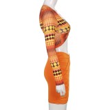 Set da donna con scollo a V sexy arancione estivo a maniche lunghe con stampa a puntini a vita alta Minigonna a due pezzi