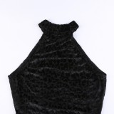 Mini abito aderente con stampa leopardata senza maniche sexy nero estivo da donna