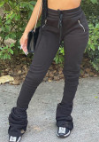 Pantaloni sportivi da donna a vita alta neri con coulisse e cerniere solide a tutta lunghezza