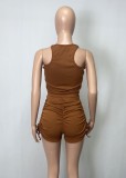 Women Summer Brown Casual O-Neck Sleeveless High Waist Solid Regular Two Piece Shorts Set