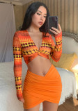 Set da donna con scollo a V sexy arancione estivo a maniche lunghe con stampa a puntini a vita alta Minigonna a due pezzi
