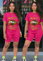 Conjunto de pantalones cortos regulares de dos piezas con estampado de letras y cintura alta de manga corta con cuello redondo informal rosa de verano para mujer