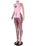Set di pantaloni a due pezzi regolari stampati a vita alta senza maniche a collo alto da donna rosa primavera