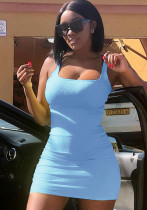 Mini vestido ajustado liso sin mangas informal azul claro de verano para mujer