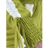Women Spring Green Casual Turn-down Collar Full Sleeves Patchwork Pockets Above Knee Regular Cargo Playsuit