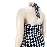 Women Summer Printed Modest Halter Sleeveless Plaid Print Belted Midi Pencil Plus Size Casual Dress