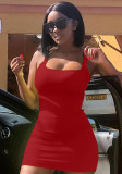 Mini vestito aderente solido senza maniche casual rosso estivo da donna