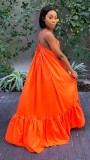 Women Summer Orange Strap Solid Color Boho Swing Long Maxi Dress