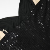 Women Summer Black Sexy Hollow Out Contrast Sequin Strap Mini Club Dress