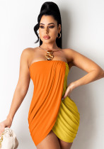 Women Summer Orange Sexy Strapless Sleeveless Color Blocking Mini Loose Club Dress