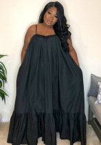 Women Summer Black Strap Solid Color Boho Swing Long Maxi Dress
