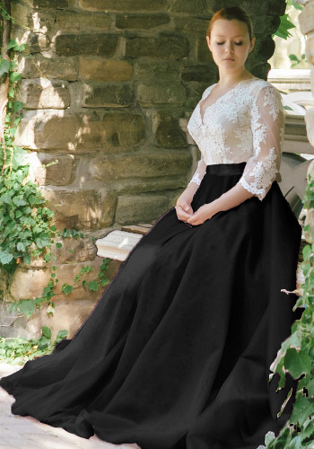 Vestido de maternidad de encaje sólido con mangas tres cuartos y cuello en V dulce negro de primavera para mujer