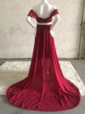 Women Summer Red Sweet Off-the-shoulder Short Sleeves Solid Lace Ruffles Maternity Dress
