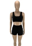 Women Summer Black Casual Halter Sleeveless High Waist Solid Regular Two Piece Shorts Set