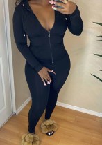Kadın Bahar Siyah Spor Kapşonlu Tam Kollu Katı Cepler Normal İki Parçalı Pantolon Seti