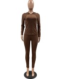 Women Spring Brown Sports Hooded Full Sleeves Solid Pockets Regular Two Piece Pants Set