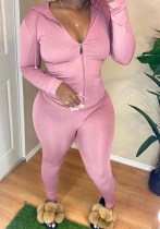 Conjunto de calças femininas primavera rosa esportes com capuz mangas inteiras bolsos sólidos regulares de duas peças