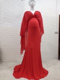 Women Spring Red Modest V-neck Half Sleeves Solid Maternity Dress