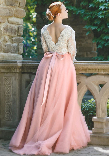 Vestido de maternidad de encaje sólido con mangas tres cuartos y cuello en V de color rosa primavera para mujer
