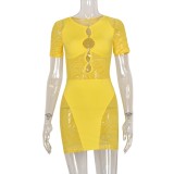 Women Summer Yellow Sexy O-Neck Short Sleeves Striped Print Hollow Out Mini Bodycon Dress