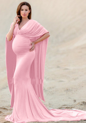 Dames Lente Roze Bescheiden V-hals Halve Mouwen Solide Zwangerschapsjurk