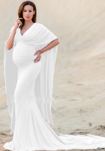 Vestido de maternidade sólido branco com decote em V modesto feminino primavera