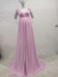 Women Spring Pink Modest V-neck Half Sleeves Solid Maternity Dress