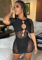 Women Summer Black Sexy O-Neck Short Sleeves Printed Hollow Out Mini Bodycon Dress