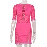 Mini abito aderente con frange e stampa a righe a maniche lunghe con scollo a O sexy rosa estivo da donna