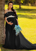 Women Summer Black Sweet Off-the-shoulder Short Sleeves Solid Lace Ruffles Maternity Dress