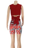 Conjunto de pantalones cortos regulares de dos piezas con estampado de letras de cintura alta sin mangas con cuello en V sexy rojo de verano para mujer