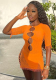 Mini abito aderente con frange e stampa a righe a maniche lunghe con scollo a O sexy arancione estivo da donna