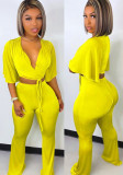 Set di pantaloni a due pezzi regolari con cintura a vita alta a vita alta con scollo a V modesto giallo da donna