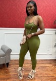 Women Summer Green Sexy Strap Sleeveless Solid Lace Up Full Length Skinny Backless Jumpsuit