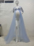 Women Summer Blue Sweet V-neck Short Sleeves Solid Lace Maternity Dress
