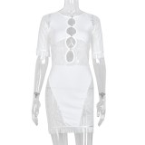 Mini abito aderente con frange e stampa a righe a maniche lunghe con scollo a O sexy bianco estivo da donna