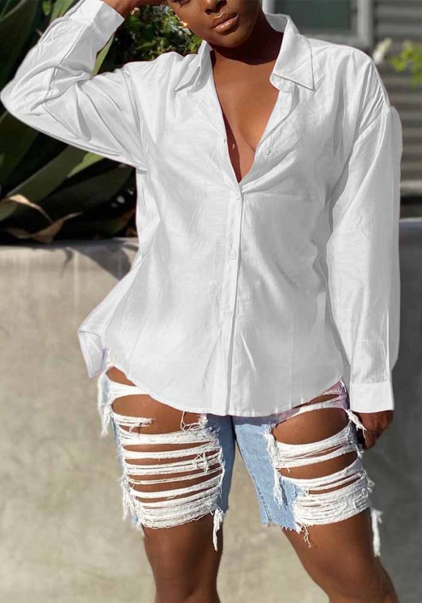 Camicetta regolare con lacci e maniche lunghe con colletto rovesciato sexy bianco estivo da donna
