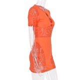 女性サマーオレンジセクシーなOネック半袖ストライププリントホローアウトミニボディコンドレス
