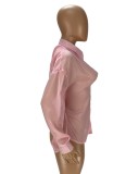 Camicetta regolare con lacci e maniche lunghe con colletto rovesciato sexy rosa estivo da donna