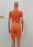Donna Estate Arancione Casual Dolcevita Maniche Corte Vita Alta Solid Scava Fuori Regolare Due Pezzi Shorts Set
