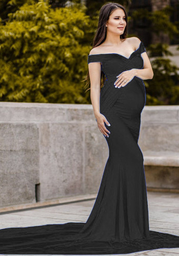Vestido de maternidad sólido de media manga con cuello en V modesto negro de primavera para mujer