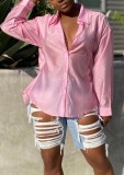 Camicetta regolare con lacci e maniche lunghe con colletto rovesciato sexy rosa estivo da donna